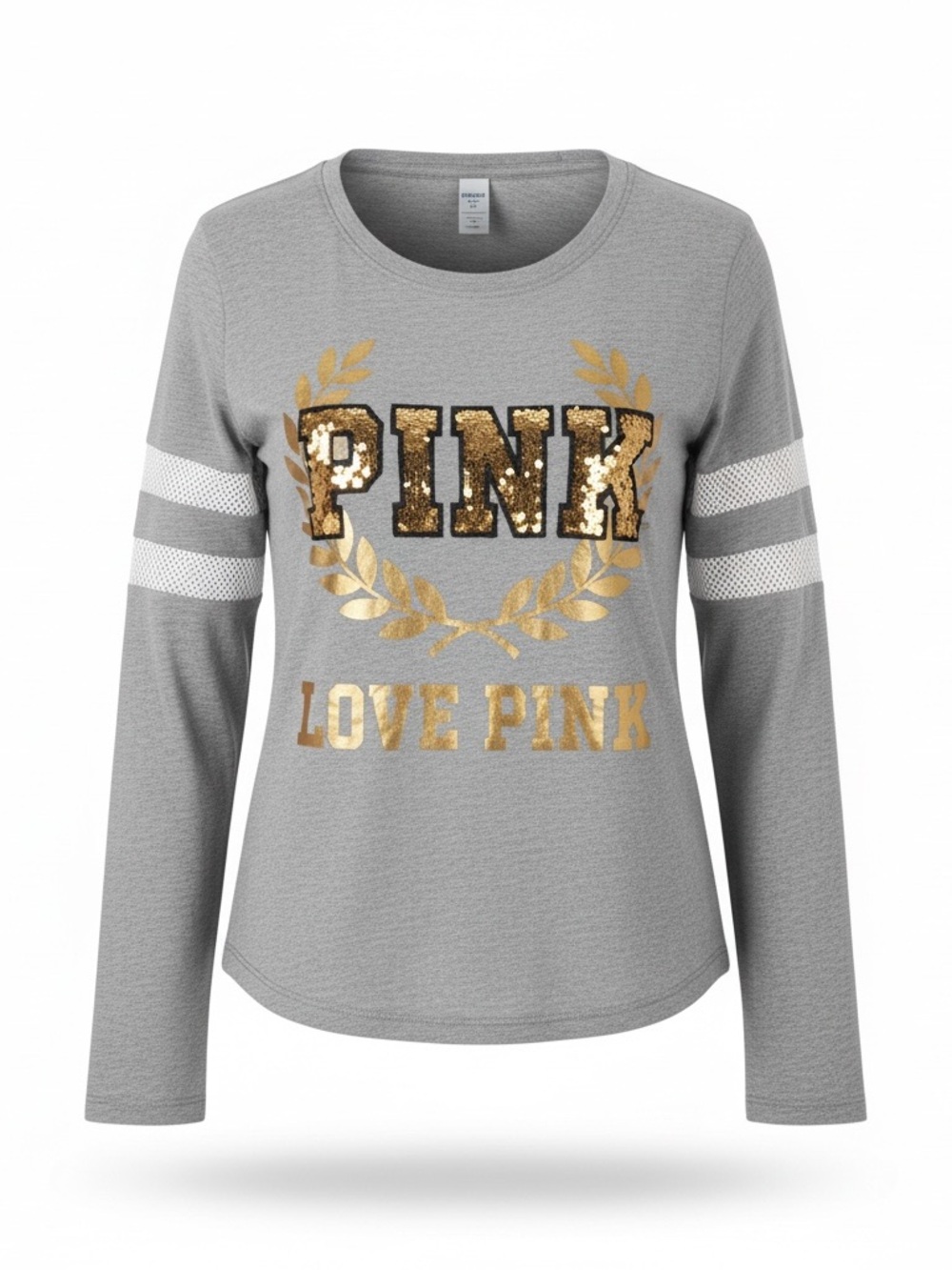 PINK Victoria's Secret Gray Long Sleeve Sequin Logo Tee with Gold Accents